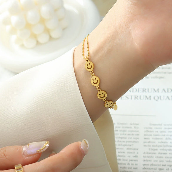 Double Chain Geometric Smiley Bracelet For Women Electroplated Titanium Steel Minimalist Jewelry