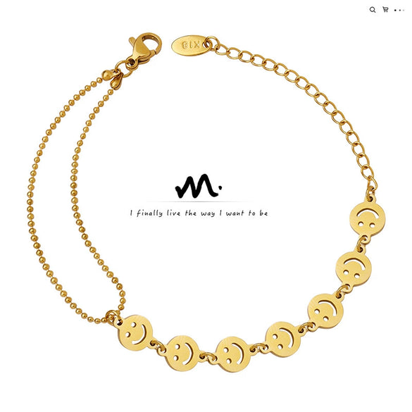 Double Chain Geometric Smiley Bracelet For Women Electroplated Titanium Steel Minimalist Jewelry