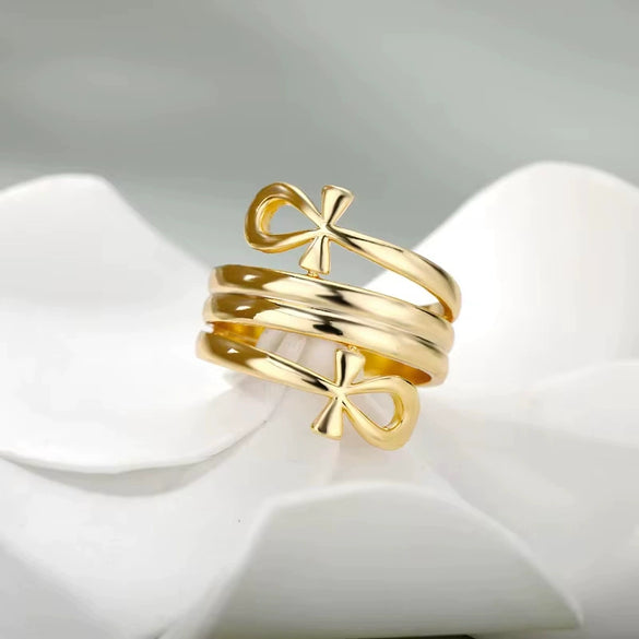 Double Coil Cross Ring Copper 18K Gold Plated Geometric Style Jewelry For Men And Women