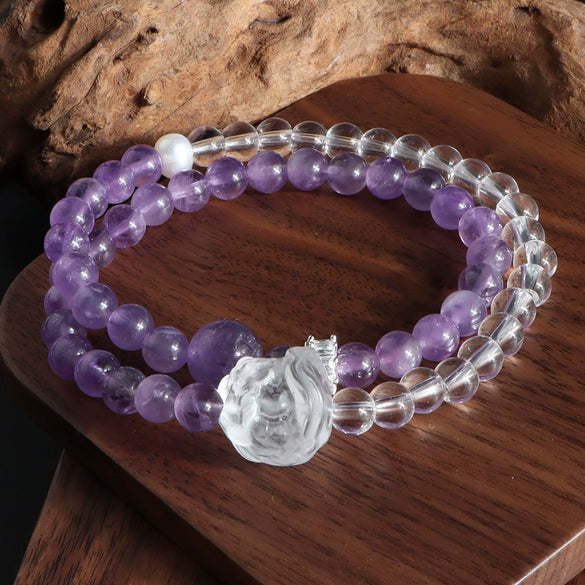 Double Crystal Bracelet Handmade Lion Moon Pearl Double Circle Design For Women