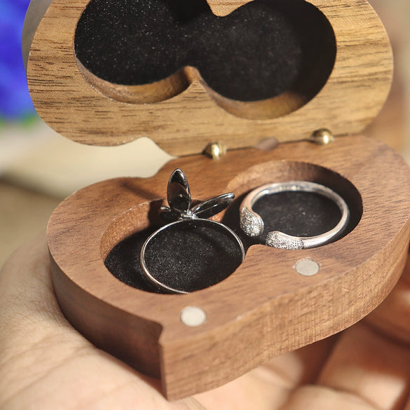 Double Heart Black Walnut Solid Wood Jewelry Storage Box Creative Wooden Heart Shaped Ring Box