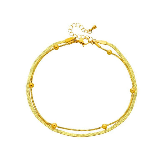 Double Layer Anklet With Flat Snake Bone And Beads Geometric Pattern Titanium Steel Unisex Bare Chain Internet Celebrity Fashion Water Touchable