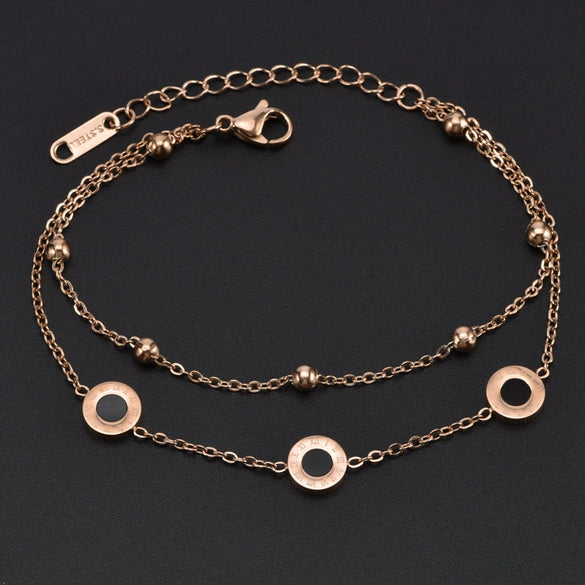 Double Layer Bead Chain Roman Round Ladies Titanium Steel Bracelet With Geometric Pattern And Diamond Design