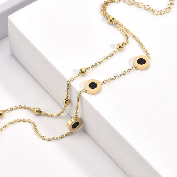 Double Layer Bead Chain Roman Round Ladies Titanium Steel Bracelet With Geometric Pattern And Diamond Design