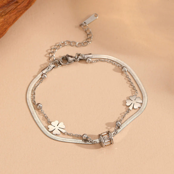 Double Layer Bead Four Leaf Flower Women's Jewelry Set With Stainless Steel And Titanium Steel Blades Set With Diamonds