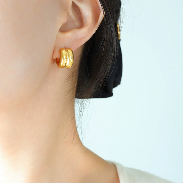 Double Layer C Shaped Half Ring Mirror Earrings For Women Titanium Steel 18K Gold Plated Geometric Style Electroplated