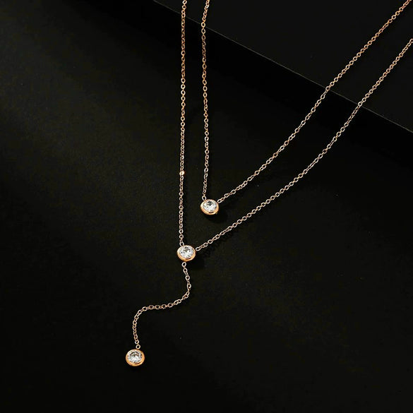 Double Layer Diamond Encrusted Women's Light Luxury Niche Stacked Y Shaped Titanium Steel Necklace With Electroplating And Geometric Design