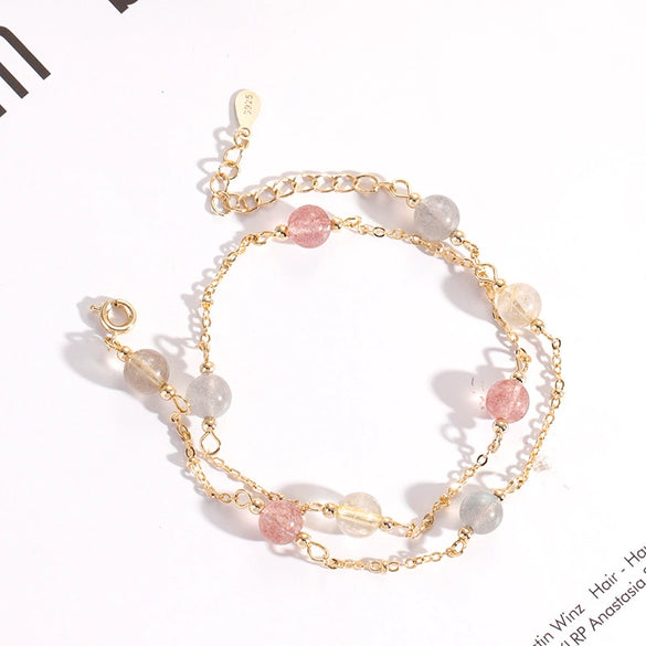 Double Layer Handmade Copper Crystal Bracelet For Women With Strawberry Crystal And Moonstone Fashion Jewelry