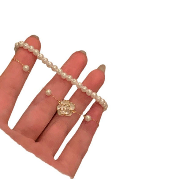 Double Layer Imitation Pearl Camellia Handmade Bracelet For Women Light Luxury Elegant Fashion Niche Jewelry
