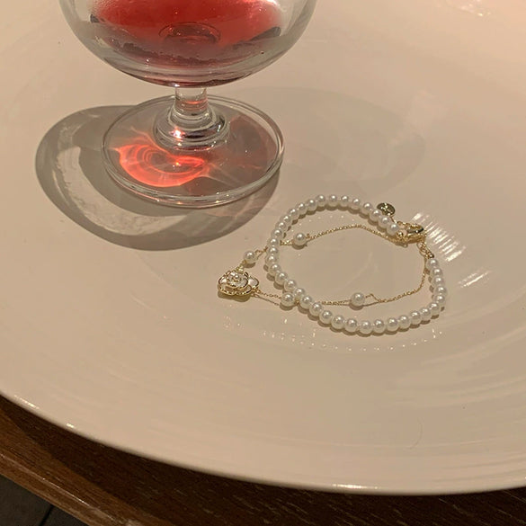 Double Layer Imitation Pearl Camellia Handmade Bracelet For Women Light Luxury Elegant Fashion Niche Jewelry