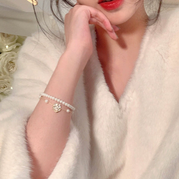 Double Layer Imitation Pearl Camellia Handmade Bracelet For Women Light Luxury Elegant Fashion Niche Jewelry