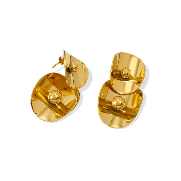 Double Layer Pendant Oval Oversized Round Curved Stainless Steel Earrings For Ladies With Geometric Pattern And 18K Furnace Vacuum Plating