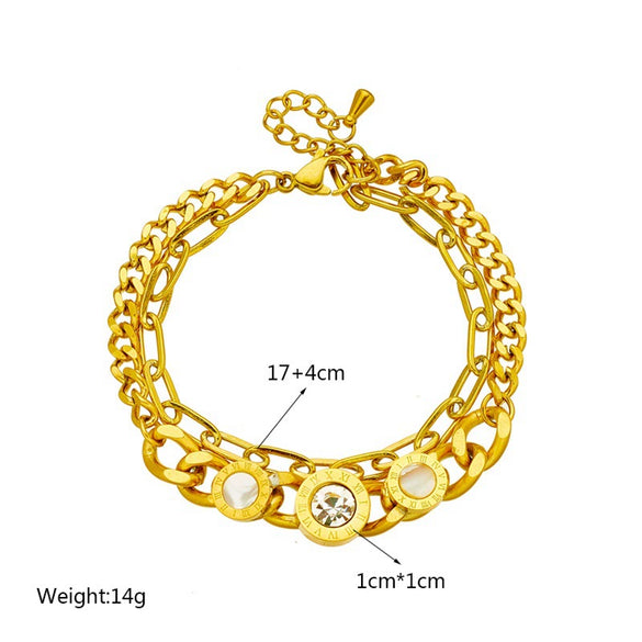 Double Layer Round Shell Rhinestone Titanium Steel Retro Fashion Women's Bracelet With Electroplating Treatment