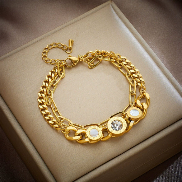 Double Layer Round Shell Rhinestone Titanium Steel Retro Fashion Women's Bracelet With Electroplating Treatment