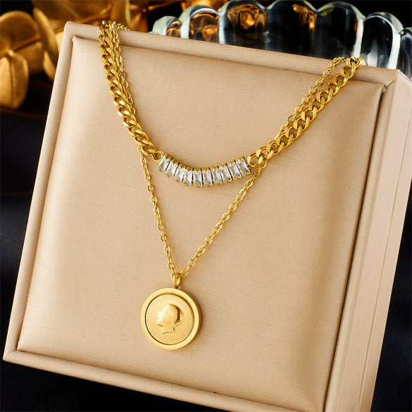 Double Layer Stacked Portrait Round Coin Pendant Titanium Steel Chain Bracelet Necklace Electroplated Women's