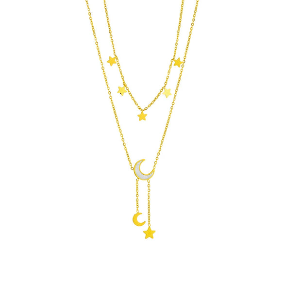 Double Layer Stacked Titanium Steel Star Moon Necklace With Electroplating For Women Geometric Design Light Luxury Niche Style