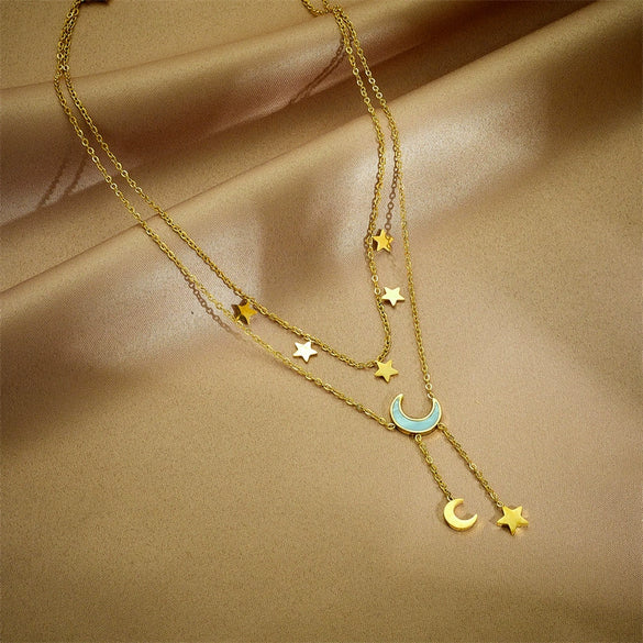 Double Layer Stacked Titanium Steel Star Moon Necklace With Electroplating For Women Geometric Design Light Luxury Niche Style