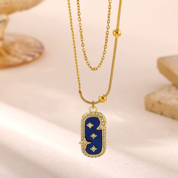 Double Layer Star And Moon Square Necklace With Blue Diamond Shaped Pendant Stainless Steel Bohemian Jewelry Set With Bracelet And Oil Drop Finish