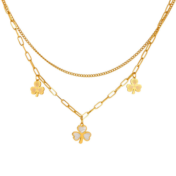 Double Layer Tassel Clover Women's Jewelry Set Titanium Steel Bracelet And Necklace With Plant Flower Pattern