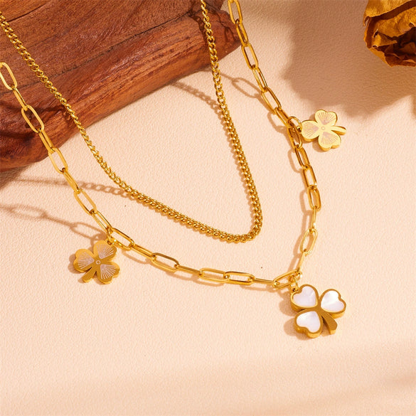 Double Layer Tassel Clover Women's Jewelry Set Titanium Steel Bracelet And Necklace With Plant Flower Pattern