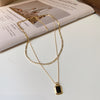 Double Layer Stainless Steel Blade Chain Necklace With Black Square Drop Pendant Elegant Minimalist Clavicle Chain For Women