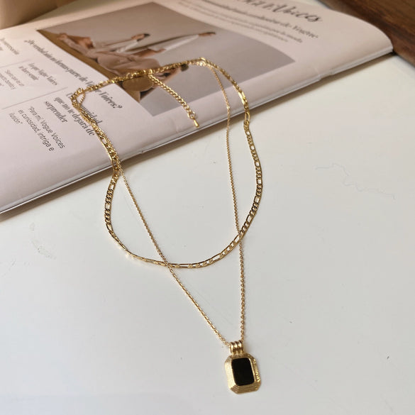 Double Layer Stainless Steel Blade Chain Necklace With Black Square Drop Pendant Elegant Minimalist Clavicle Chain For Women