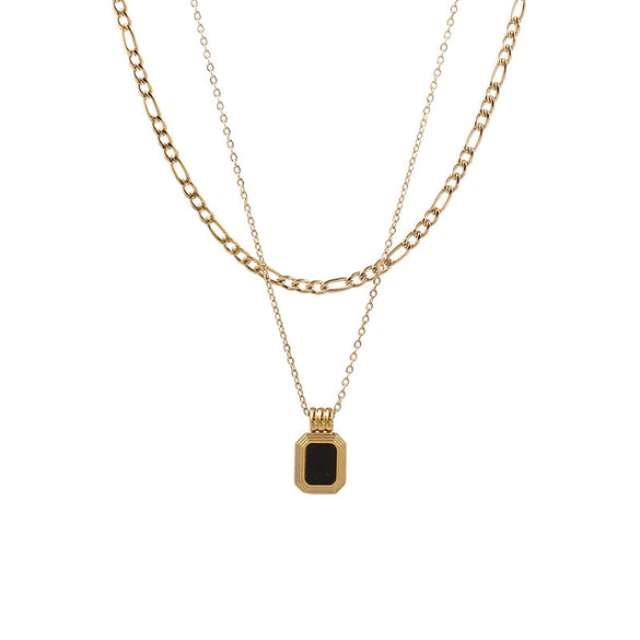Double Layer Stainless Steel Blade Chain Necklace With Black Square Drop Pendant Elegant Minimalist Clavicle Chain For Women
