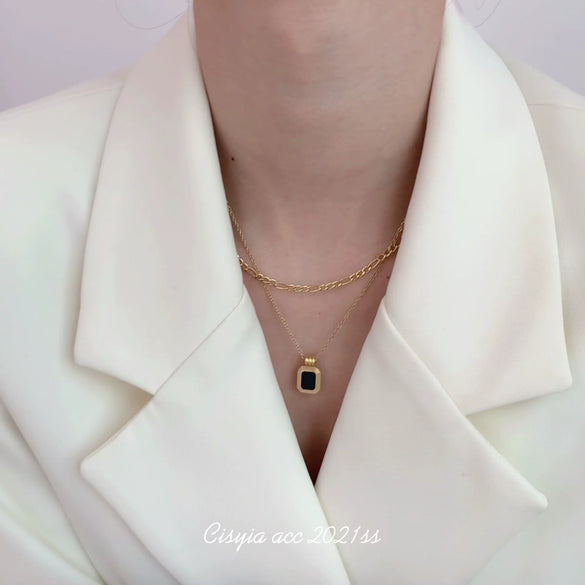 Double Layer Stainless Steel Blade Chain Necklace With Black Square Drop Pendant Elegant Minimalist Clavicle Chain For Women
