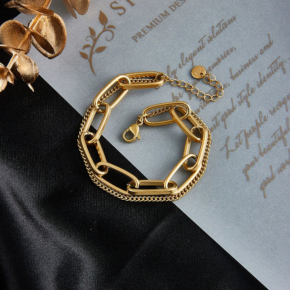 Double Layer Titanium Steel Chain Bracelet With Geometric Pattern Electroplated Unisex