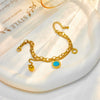 Double Layer Titanium Steel Chain With Roman Round Turquoise Pendant Electroplated Women's Jewelry Bracelet
