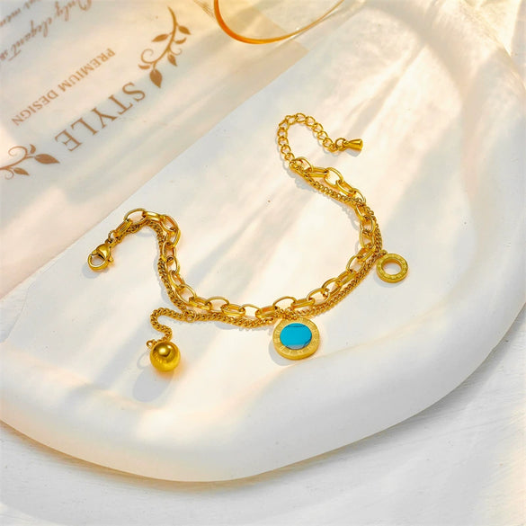 Double Layer Titanium Steel Chain With Roman Round Turquoise Pendant Electroplated Women's Jewelry Bracelet