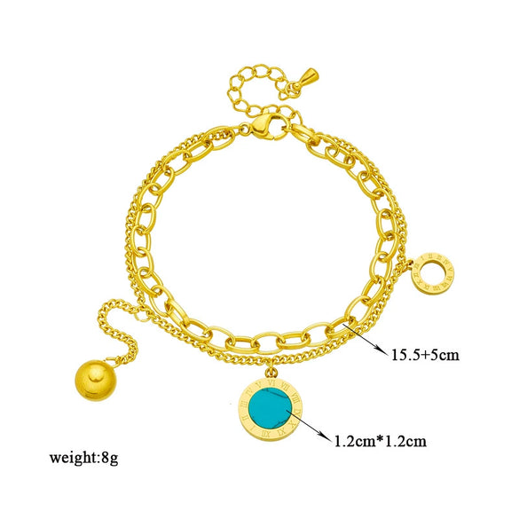 Double Layer Titanium Steel Chain With Roman Round Turquoise Pendant Electroplated Women's Jewelry Bracelet