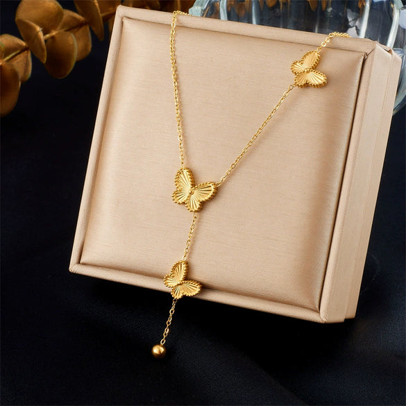 Double Sided Butterfly Flower Steel Ball Tassel Necklace In Fashion Style Made Of Stainless Steel With Electroplating Treatment For Women