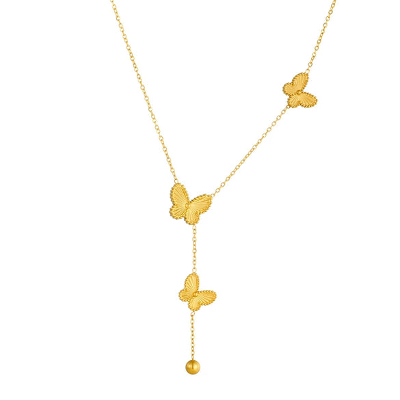 Double Sided Butterfly Flower Steel Ball Tassel Necklace In Fashion Style Made Of Stainless Steel With Electroplating Treatment For Women