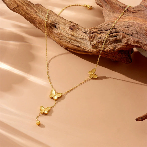 Double Sided Butterfly Flower Steel Ball Tassel Necklace In Fashion Style Made Of Stainless Steel With Electroplating Treatment For Women