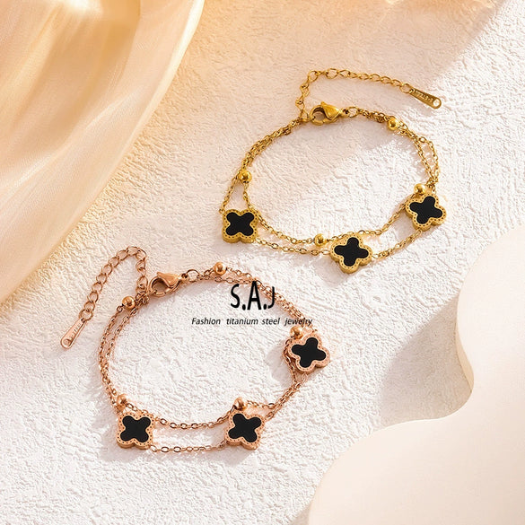 Double Sided Four Leaf Clover Women's Niche Design Bracelet In Titanium Steel With 18K Rose Gold Electroplated Geometric Pattern