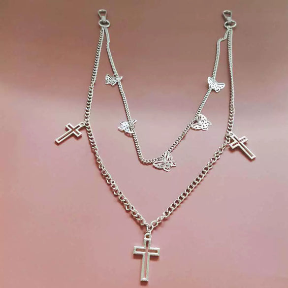 Doublelayer Combination Butterfly Cross Pants Chain Decoration Belt Men's Punk Hiphop Metal Waist Chain Accessories