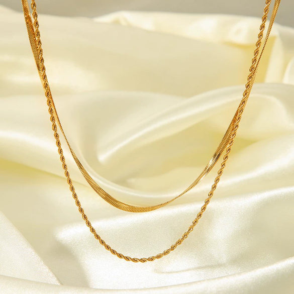 Doublelayer Fashion Exquisite Stainless Steel Blade Chain Necklace With Pvd Furnace Vacuum Real Gold Plating