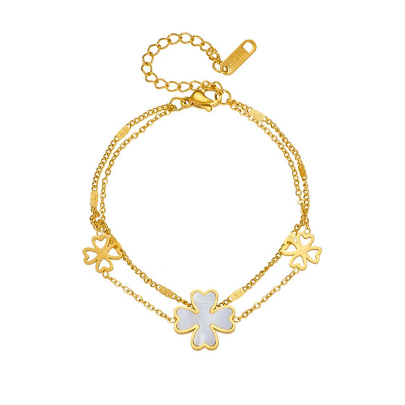 Doublelayer Fourleaf Clover Heart Cartoon Style Titanium Steel Electroplated Women's Bracelet