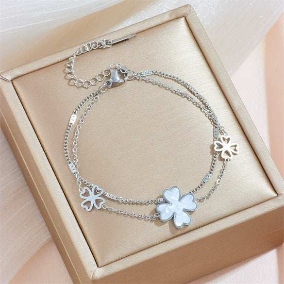 Doublelayer Fourleaf Clover Heart Cartoon Style Titanium Steel Electroplated Women's Bracelet