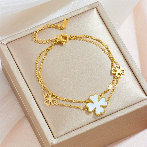 Doublelayer Fourleaf Clover Heart Cartoon Style Titanium Steel Electroplated Women's Bracelet
