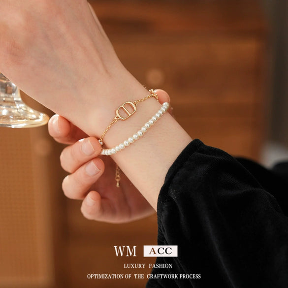 Doublelayer Imitation Pearl Jewelry Set With Stars Sun And Moon Clouds Universe Pattern Electroplated Bracelet And Necklace For Women