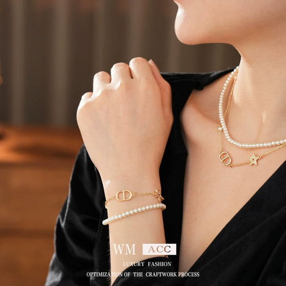 Doublelayer Imitation Pearl Jewelry Set With Stars Sun And Moon Clouds Universe Pattern Electroplated Bracelet And Necklace For Women