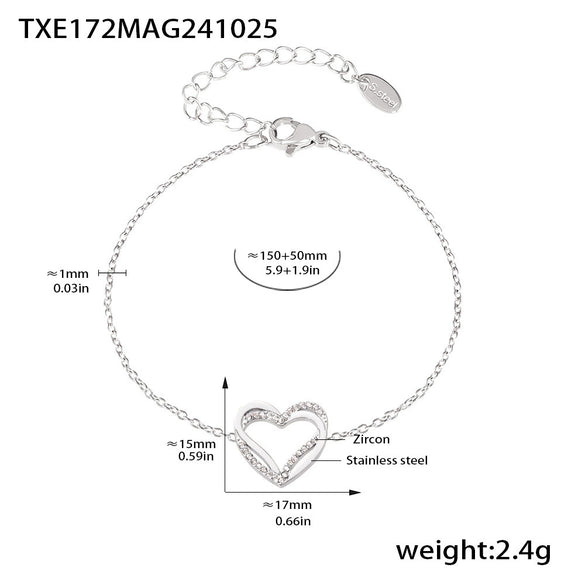 Doublelayer Love Inlaid Zircon Clavicle Necklace Bracelet Set Stainless Steel With Pvd Gold Plated Sweet Style For Women