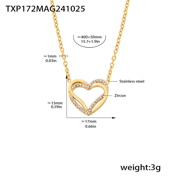 Doublelayer Love Inlaid Zircon Clavicle Necklace Bracelet Set Stainless Steel With Pvd Gold Plated Sweet Style For Women