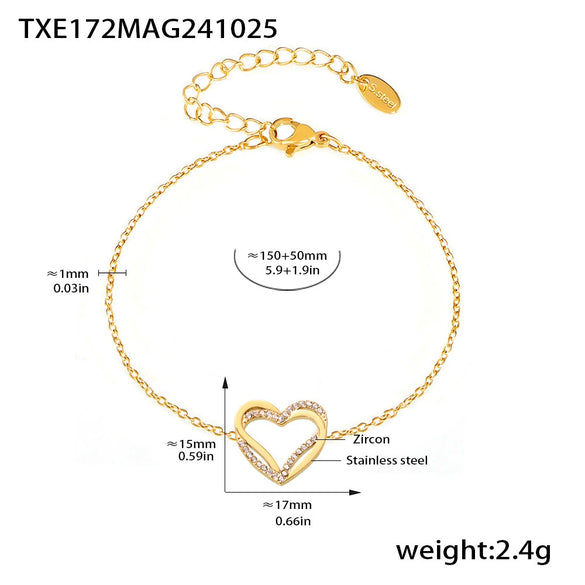 Doublelayer Love Inlaid Zircon Clavicle Necklace Bracelet Set Stainless Steel With Pvd Gold Plated Sweet Style For Women