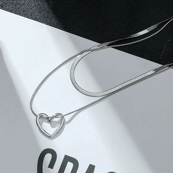 Doublelayer Overlapped Hollow Love Titanium Steel Snake Bone Chain Necklace With Polishing Neutral Style Allmatch