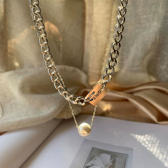 Doublelayer Pearl Titanium Steel Necklace For Women Laser Engraving Letters Numbers Text Light Luxury Trendy Allmatch Clavicle Chain Highgrade Jewelry