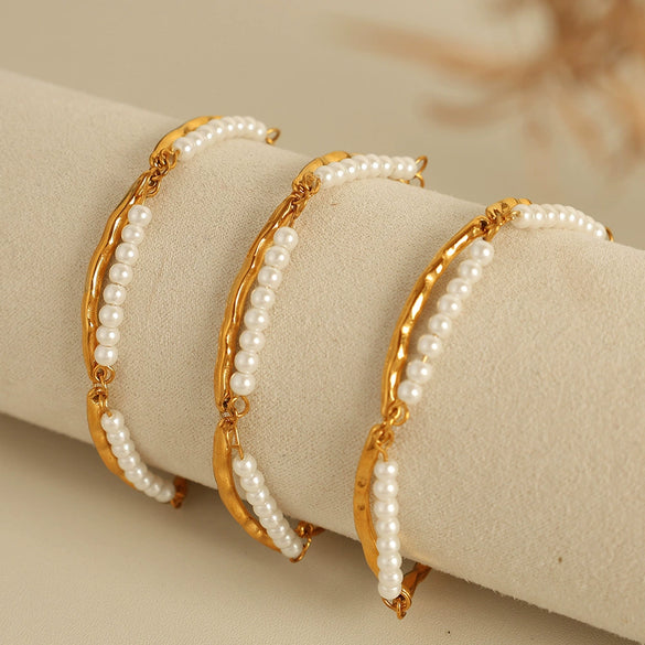 Doublelayer Pearl Women's 316L Stainless Steel 18K Gold Plated Fashion Light Luxury Jewelry Bracelet