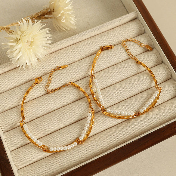 Doublelayer Pearl Women's 316L Stainless Steel 18K Gold Plated Fashion Light Luxury Jewelry Bracelet